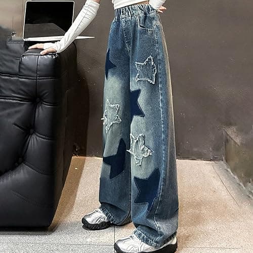 Kids Girls Star Jeans Baggy Elastic Waist Wide Leg Denim Pants Buttons Casual Preppy Streetwear Trousers with Pockets thumbnail 2