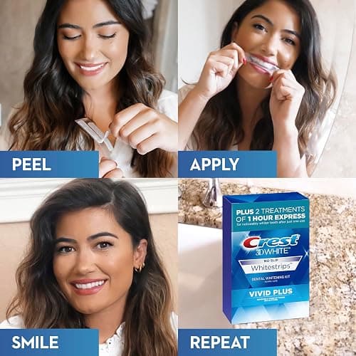 Crest 3DWhitestrips Vivid Plus Whitestrips 3D White, 10 Treatments + 1 Hour Express 2 Treatments Teeth Whitening Kit, 8 Levels Whiter, Crest Teeth Whitening Strips thumbnail 2