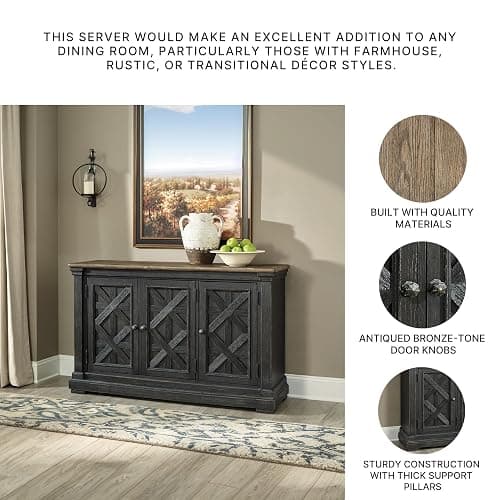 Signature Design by Ashley Tyler Creek Vintage Casual Dining Room Buffet Cabinet or Server with 3 Doors and Lattice Design, Wood, 36" High, Black & Gray thumbnail 5