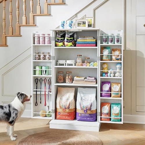 FIMELLO 50'' Dog Food Storage Cabinet with Adjustable Shelf, Pet Storage Cabinet,White - Image 1