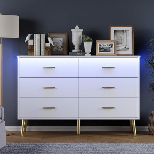 White Dresser for Bedroom, Dressers & Chests of Drawers for Clothes Storage, Wood Dresser for Closet with 6 Drawers, Wide Long Clothes Organizer with LED Light for Hallway, Entryway, Metal Handles thumbnail 4