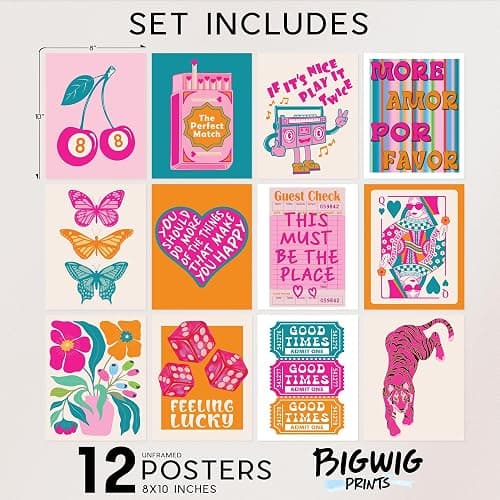 BigWig Prints Preppy Posters - Preppy Wall Decor, Pink And Orange Room Decor, Dopamine Quirky Wall Art, Y2K Posters, Cute Dorm Pictures, Vibrant Retro Pop Art Prints - Unframed Set Of 12 (8x10) thumbnail 2
