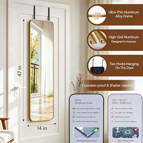 NARCISSUS 47x14 Mirror Door Hanging Full Length,Over Door or Wall Mounted Aluminum Alloy Frame Tempered Glass Rectangle Full Body Mirrors for Bedroom Dressing Living Room Bathroom 47 inch Gold thumbnail 3