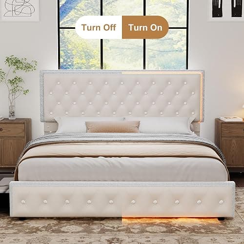 Torana Queen LED Bed Frame with 2 Drawers, Soft Velvet Platform Bed with Diamond Tufted Headboard Footboard and 2 Side Pockets, Mattress Foundation with Wooden Slats Support No Box Spring Needed Cream thumbnail 7