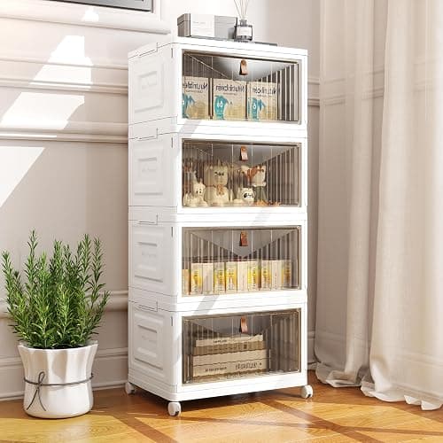 4 Tier Storage Bins with Lids, 23QT Stackable Closet Organizers and Storage with Wheels, Collapsible Storage Boxes, Foldable Plastic Storage Containers for Home,Office, Dorm Room-White thumbnail 7