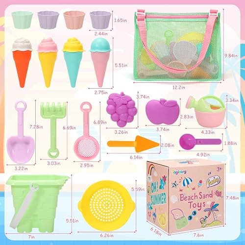 Tagitary Beach Sand Toys for Kids, Beach Toys 23PCS Set with Ice Cream Cake Sand Molds, Mesh Beach Bag, Bucket, Watering Can, Shovel, Rake - Ideal for Toddler Sandbox, Outdoor Play and Beach Travel thumbnail 7