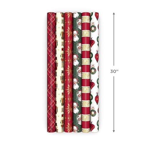 Hallmark Christmas Wrapping Paper Rolls with Cutlines on Reverse (6 Rolls: 150 Sq. Ft. Total) Santa Claus, Nutcrackers, Plaid, Snowflakes, Ornaments thumbnail 3