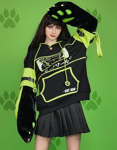 Micotaku Women's Miraculous Cat Noir Pullover Hoodie Detachable Furry Cat Paw Gloves Handbag Hooded Sweatshirt thumbnail 3
