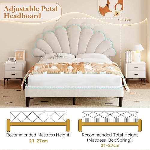 BTM Upholstered Double Bed 4FT6-135x190cm, Double Bed Frame with Adjustable Petal-like Headboard and Solid Wood Slat, Velvet, Beige - 135x190cm - Beige thumbnail 5