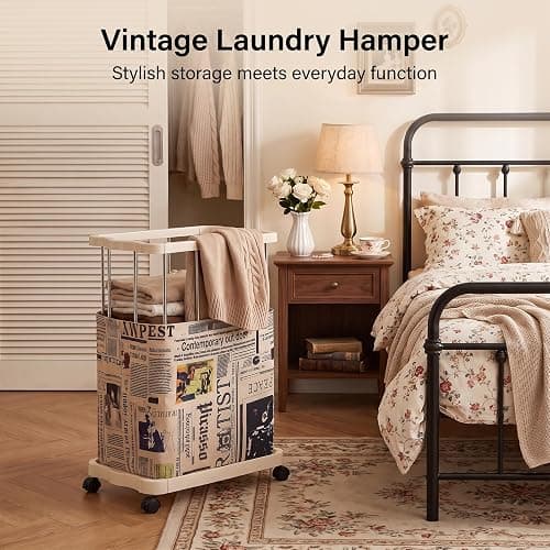 PureBox Laundry Hamper with Wheels, Vintage Rolling Laundry Basket, Cream | Metal Frame,Premium Fabric with Retro Newspaper Print,Easy Assembly,Smooth Rolling,Open Top,for Bedroom/Bathroom/Laundry Room thumbnail 3