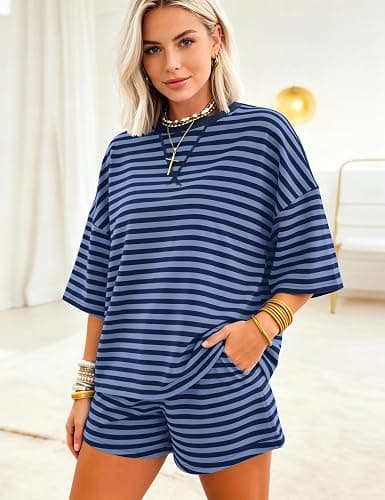 MISSACTIVER Womens 2 Piece Lounge Sets Striped Oversized Matching Tops and Shorts Summer Workout Vacation Outfits Pajamas Set thumbnail 3