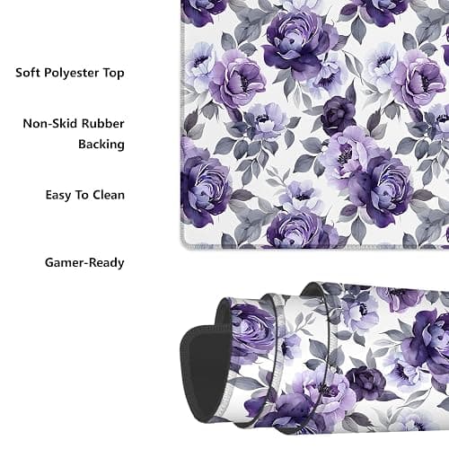 Purple Floral Mouse Pad Gifts 31.5" x 11.8", Non-Slip Rubber Base MousePads for Computers Laptop School Office Home Accessories Decor, Mouse Pad, Keyboard Desk Mat thumbnail 4