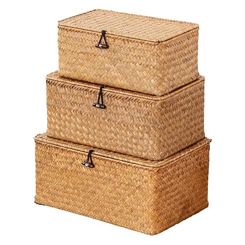 Nonam Storage Basket with Lid, Natural Seagrass Bin with Lid Set of 3, Shelf Baskets Multipurpose Container for Boho Decoration, Rectangular Household Storage Boxes for Home Organization - Image 1