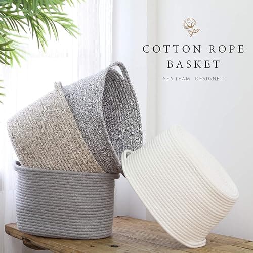Sea Team Oval Cotton Rope Woven Storage Basket with Handles, Diaper Caddy, Nursery Nappies Organizer, Baby Shower Basket for Kid's Room, 14.2 x 14.2 x 10.2 Inches (Medium Size, White) thumbnail 4