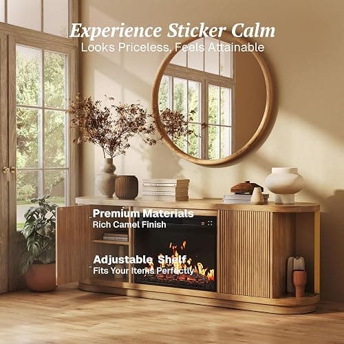 BELLEZE 67" Turin TV Stand with 23" Electric Fireplace Heater - Camel | Fluted Sliding Tambour Doors,For TV up to 75",Realistic Sound of Burning Matches thumbnail 4
