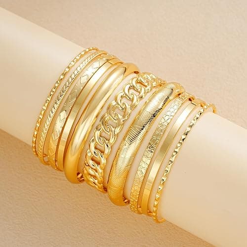 ÌF ME Gold Bangle Bracelets for Women, Indian Bangles Stackable Set, Multi Layer Textured 14K Gold Plated Chunky Bracelets Boho Jewelrys Set thumbnail 9