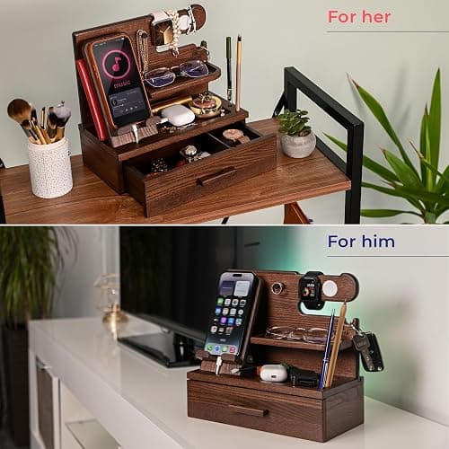 TESLYAR Wood Phone Docking Station with Drawer - Nightstand Organizer - Desk Organizer for Husband - Birthday Gifts for Men, Dad, Anniversary Idea, Key Holder Stand Watch & Accessories (Bourbon Brown) thumbnail 4