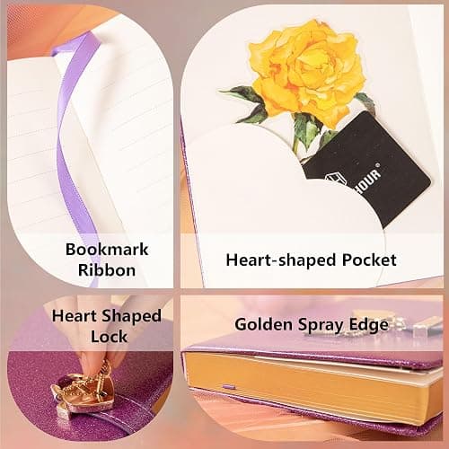 TIEFOSSI Diario con chiusura a cuore con chiave, diario in pelle PU glitterata viola B6 per scrivere, 144 fogli di carta a righe, regalo per ragazze e donne thumbnail 4
