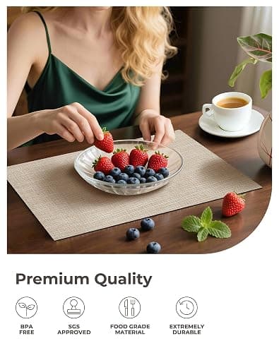 Leetaltree Beige Placemats Set of 6 - Heat Resistant Non-Slip Place mats for Dining Table, Washable Durable PVC Vinyl Woven Table Mats(Beige, 6) thumbnail 6