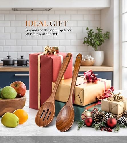 2Pcs Wooden Spoons for Cooking, Natural Premium Teak Wooden Spoon & Slotted Spoon, Good Grip Large Cooking Spoons Spatula, Heat Resistant Wooden Kitchen Cooking Utensils Set for Nonstick Cookware thumbnail 7