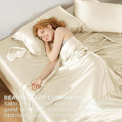 Bedsure Satin Sheets Queen Size - 4 Piece Silky Bedsheets with 15 Inches Deep Pocket Fitted Bedsheet,1 Flat Sheet, 2 Satin Pillowcases, Good for Hair & Skin (Queen, Cream) thumbnail 3