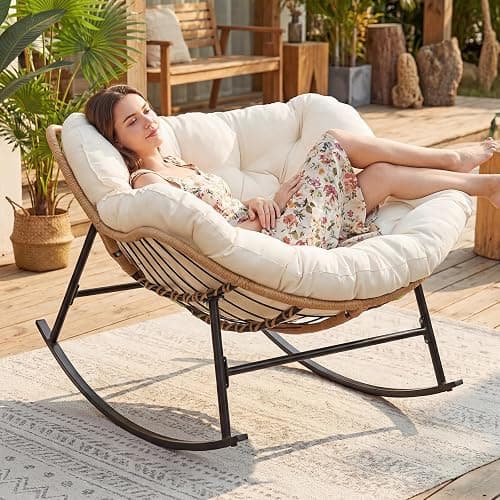 NICESOUL Papasan Rocking Chair with Cushion Indoor Outdoor, Oversized Padded Egg Rocking Chair, All-Weather Wicker Rattan Lounge Rocker, 450 lbs Capacity Glider for Living Room Balcony Porch, Beige thumbnail 3