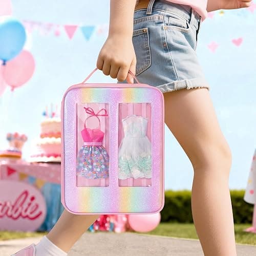 GRAOSO Carrying Case Compatible with Barbie Clothes, Doll Accessories Organizer Bag, 2 Front Transparent Windows, 2 Binders with Several Storage Pockets, Extra Pockets for Doll Stuff, Pink, Case Only thumbnail 2
