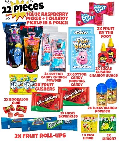 Chamoy Pickle Kit For 2 + Blue Raspberry Pickle Kit-(22 Pieces) Tiktok Candy Gift w Fruit Roll ups, skwinkles & other Mexican candy. Christmas gifts for kids, teen girl, boy thumbnail 3