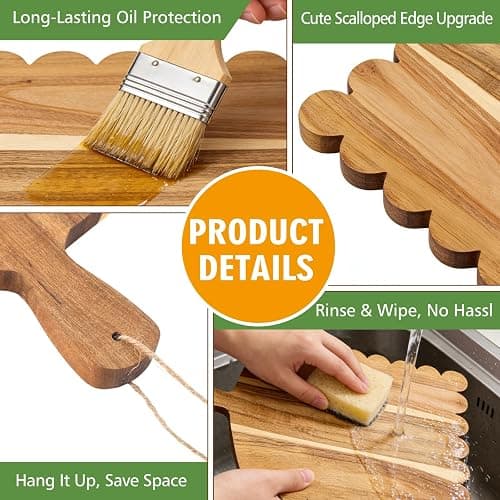 Wood Scalloped Cutting Boards Set, Decorative Wooden Charcuterie Boards with Handle for Cheese Pizza Meat Fruit Bread Baking, Cottagecore Farmhouse Kitchen Serving Trays Decor thumbnail 4