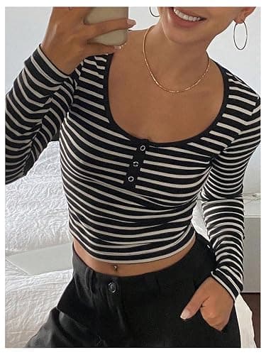 Floerns Women's Striped Print Ribbed Crop Tops Long Sleeve Button Scoop Neck T Shirts thumbnail 3