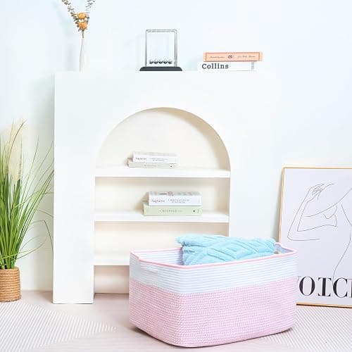 MINTWOOD Design 22in Extra Large Blanket Basket Holder Living Room, Rectangle Rope Woven Storage Basket with Handles for Laundry, Pool Towels, and Shoes, Dog Toy Organizer Bin Box, Light Pink thumbnail 7