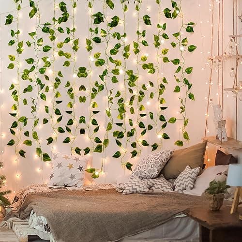 CEWOR 14 Pack 98ft Fake Ivy Vines, Artificial Ivy Garland with 100 LED String Lights, Hanging Plants Greenery Backdrop Green Leaves for Bedroom Room Wall Decor Wedding Party Table Decoration thumbnail 2