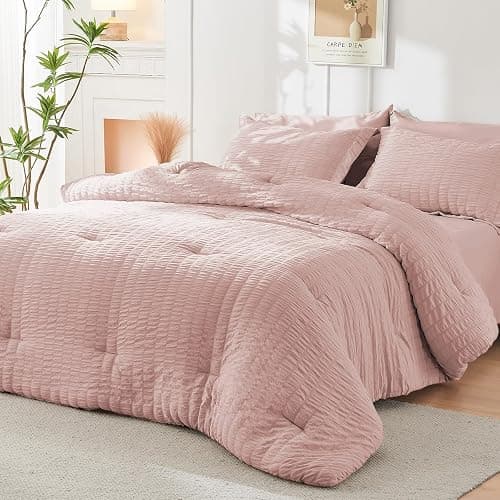 HYMOKEGE Rose Gold Queen Comforter Set, Seersucker Bed in a Bag Queen 7 Pieces, All Season Luxury Bedding Set with Comforters, Sheets, Pillowcases & Shams thumbnail 7