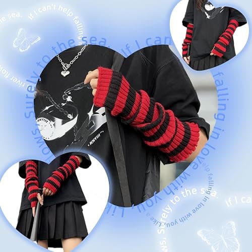 Pangogogo Punk Gothic Rock Striped Arm Warmers Y2k & Emo Accessories (Red) thumbnail 3