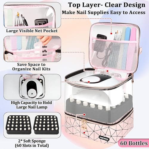 Partreko Clear Nail Polish Organizer Holds 60 Bottles (15ml/0.5fl.oz)& Nail Lamp, Double Layer Nail Supplies Organizer Case Transplant, PU Leather Nail kit Storage Bag for Manicure Tools (Pink) thumbnail 2