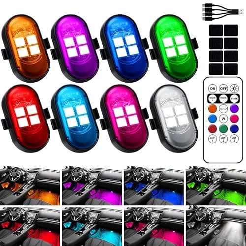 Upgraded Wireless LED Lights for Car, Rechargeable Interior Car Lights with 8 Colors Brightness Adjustable, 12H Battery Life, Remote Control, Mini Strobe Lights for Vehicle Motorcycle Bike Decor - Image 1