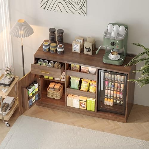 Snack Bar Cabinet with Mini Fridge Space, Mini Fridge Cabinet with Storage, Coffee Bar Cabinet with Drawer, Power Outlets, Snack Organizer with LED Lights for Home, Movie Room, Game Room (Walnut) thumbnail 7