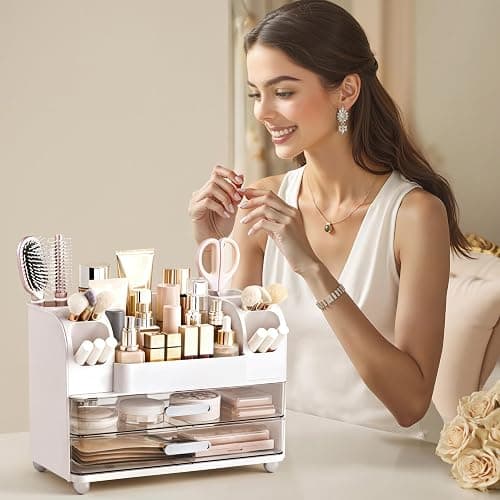HBlife Makeup Organizer for Vanity with Brush Holder, Large Bathroom Countertop Cosmetic Organizer Skin Care Storage, Easy to Store Lipsticks, Nail Polishes, Perfumes, Eyeshadow Palettes, White thumbnail 6