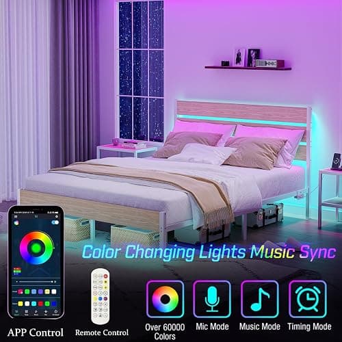 PUNICE Full Size Bed Frame with Charging Station, LED Light Metal Bed Frame with Wooden Headboard, No Box Spring Required, No Noise, Easy Assembly, White thumbnail 4