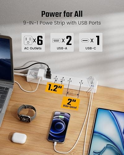 10Ft Extension Cord with Multiple Outlets, SUPERDANNY Flat Plug Surge Protector Power Strip 10 Ft Long Cord, 6 Outlets & 3 USB Ports, Charging Station for Home Office, College Dorm Room Essentials thumbnail 3