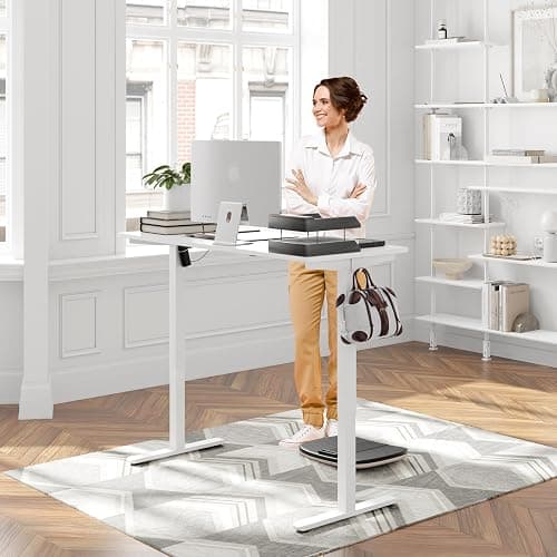 Meilocar Height Adjustable Electric Standing Desk, 55" x 24" Sit Stand Computer Desk with Memory Controller, Home Office Workstation Stand up Desk with Splice Board, White Top + White Frame thumbnail 5