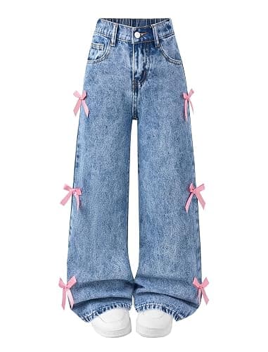 Feuoive Girls Baggy Jeans Wide Straight Leg Elastic High Waisted Denim Pants Fashion Y2k Boyfriend Skater Streetwear 7-14Y - Image 1