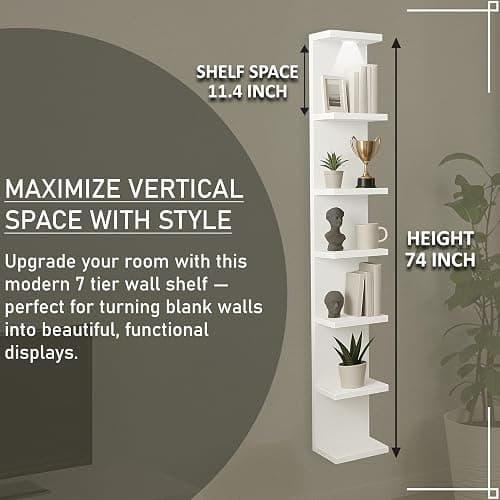 Home Stuff Wall Shelf Unit, 11 3/4x74 3/4,Use Fixing Devices Suitable for The Walls in Your Home, 7 Tier Vertical Lack Wall Shelves, Column Shelf Organizer & Storage for Bedroom(2 x White with LED) thumbnail 2