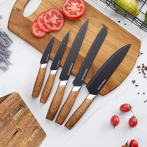 lapelux Kitchen Knife Set - 5 Piece Knife Set with Block, Wood Grain Handle, Stainless Steel Knivese with Chef, Bread, Slicer, Utility, Paring Knife for Cutting Meat/Vegetables/Fruit.… thumbnail 3