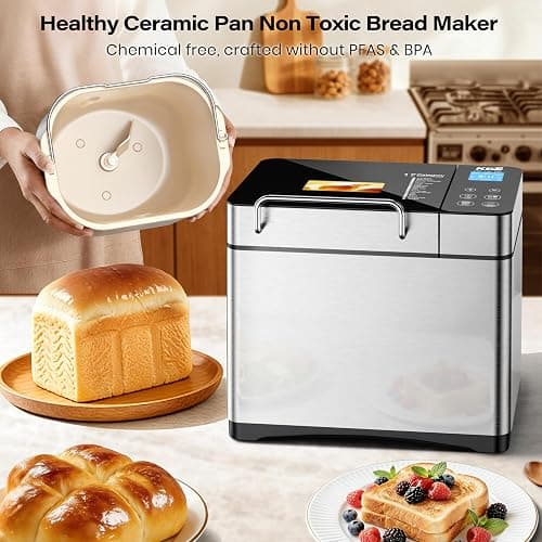 KBS Pro 710W 2LB Bread Maker, Stainless Steel 17-in-1 Smart Bread Machine with Healthy Ceramic Pan, Automatic Nut Dispenser, Tempered Glass Touch Panel, 3 Crust Colors, 15H Timer& Keep-Warm, Recipes thumbnail 6