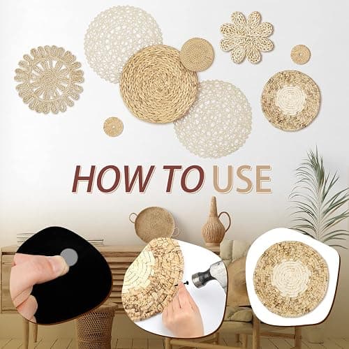 Glenmal Set of 13 Boho Wall Basket Decor Woven Rattan Flat Baskets Handmade Boho Wicker Bamboo Seagrass Wall Hanging Decor for Bedroom Living Room Dining Room Office Ready to Hang(Plain) thumbnail 4