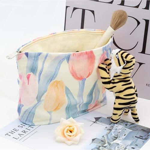 Floral Makeup Bag Large Cotton Zipper Pouch for Purse Travel Canvas Make Up Organizer for Women Cosmetic,Tulip Pink thumbnail 2