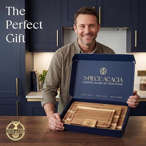 Pre-Oiled, Non Toxic 3-Piece Acacia Cutting Board Set with Stand, FSC Certified Wooden Chopping Boards, Includes 3.4 fl oz Chopping Board Oil, 3 Wood Carving Boards for Home, BBQ Kitchen, Deer & Oak thumbnail 9