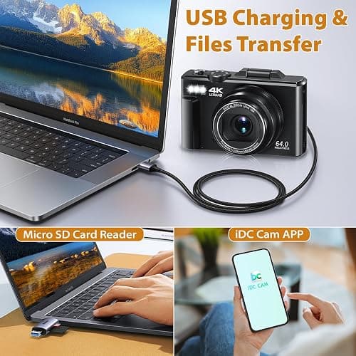 4K Digital Camera for Photography, 4K 64MP Vlogging Camera for YouTube with 3" 180° Flip Screen, Compact WiFi Camera with 18X Digital Zoom, 32GB Micro SD Card & 2 Batteries, Black thumbnail 6