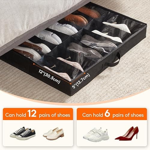 Lifewit Under Bed Shoe Storage Organizer Set of 2, 4.3 Inches Tall Low Profile Fabric Shoes Container Box with Clear Cover, Foldable Storage Bag with 2 Handles, Total Fits 24 Pairs of Shoes, Black thumbnail 4